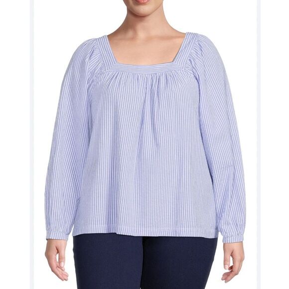 Terra & Sky Women's Cotton Striped Modest Summer Poplin Plus Blouse, 2X - Picture 1 of 7
